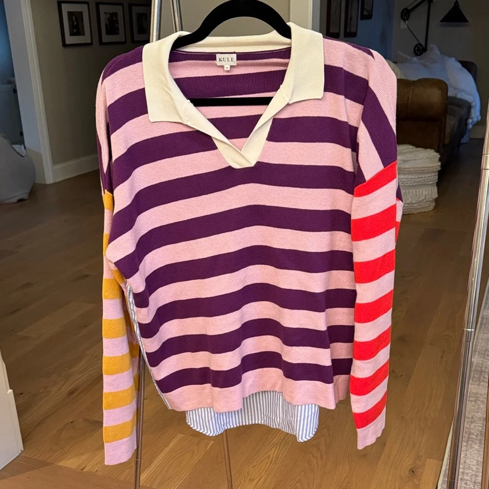 KULE V-Neck Striped Sweater - Purple, Pink, Red, Yellow - Picture 1 of 3